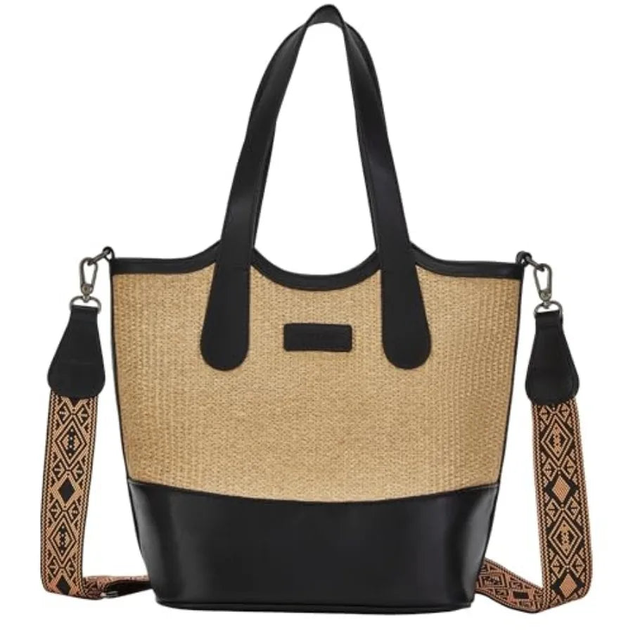 Tote Bag for Women, StrawandVegan Leather Bucket Bags Crossbody Top Handle Purses And Handbags For Work Travel Beach