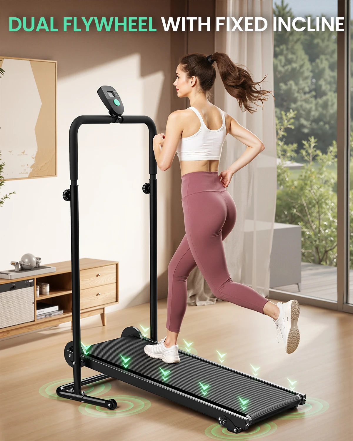 AKLUER Motorless Treadmill With Dual Flywheels LCD Monitor