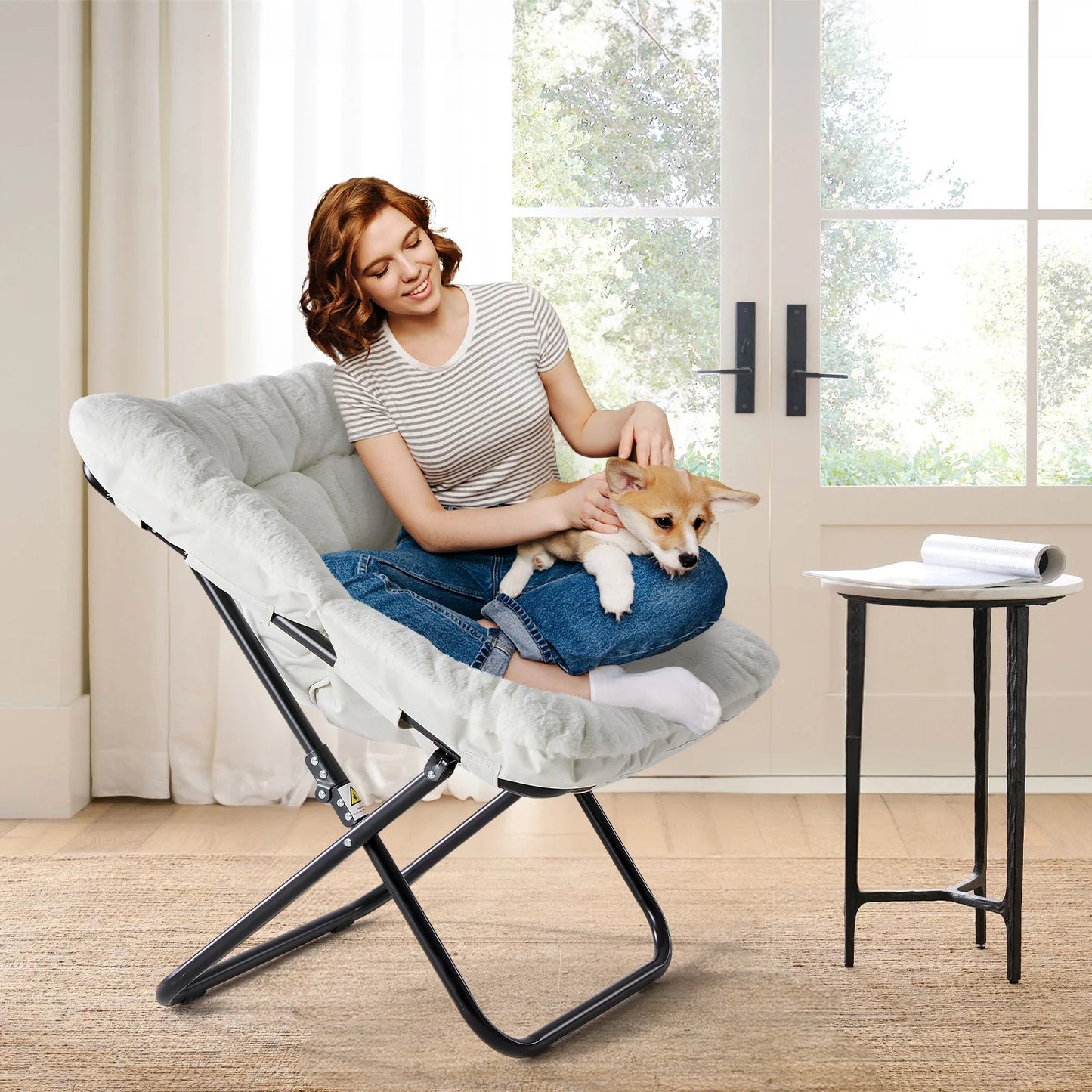 JHK Faux Fur Saucer Chair Folding Lounge With Metal Frame