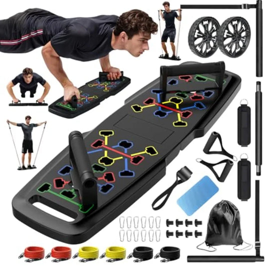 Push Up Board, Home Gym, Portable Exercise Equipment, Pilates Bar and 20 Fitness Accessories with Resistance Bands and Ab Rolle
