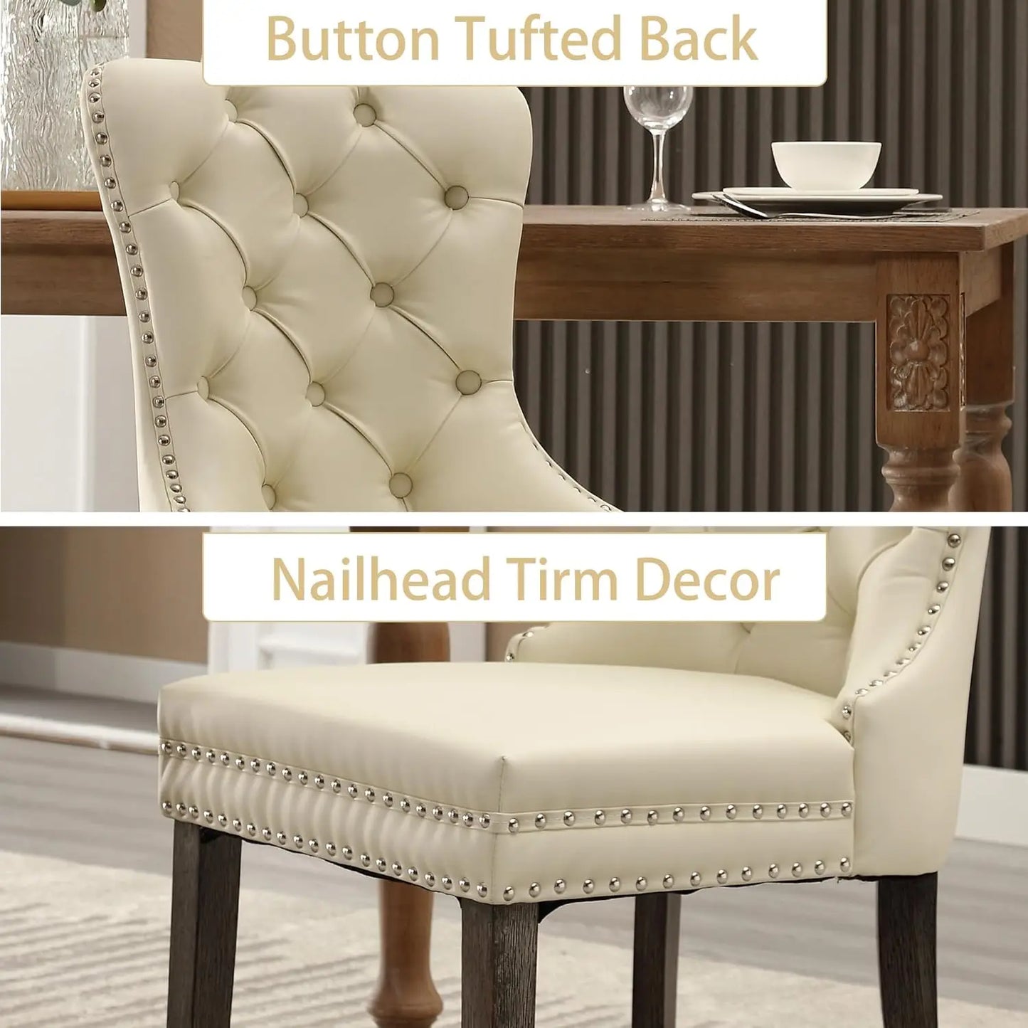 PU Leather Dining Chairs Set of 6 With Solid Wood Legs and Pull Ring