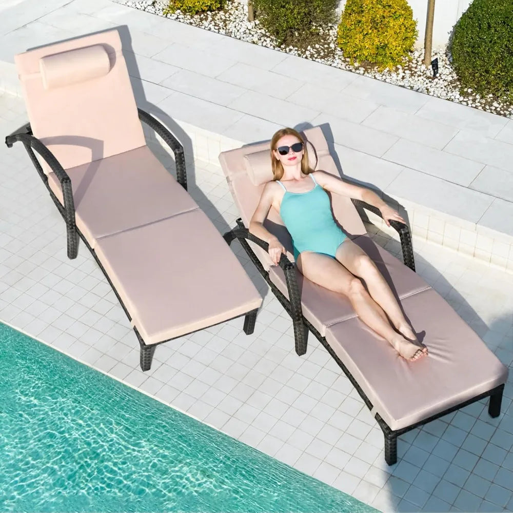 Chaise Lounge Chairs Outdoor Set of 2, Comfy Outside Wicker Patio Pool Lounge Chair w/ 5 Adjustable Back Angle, Cup, Customized