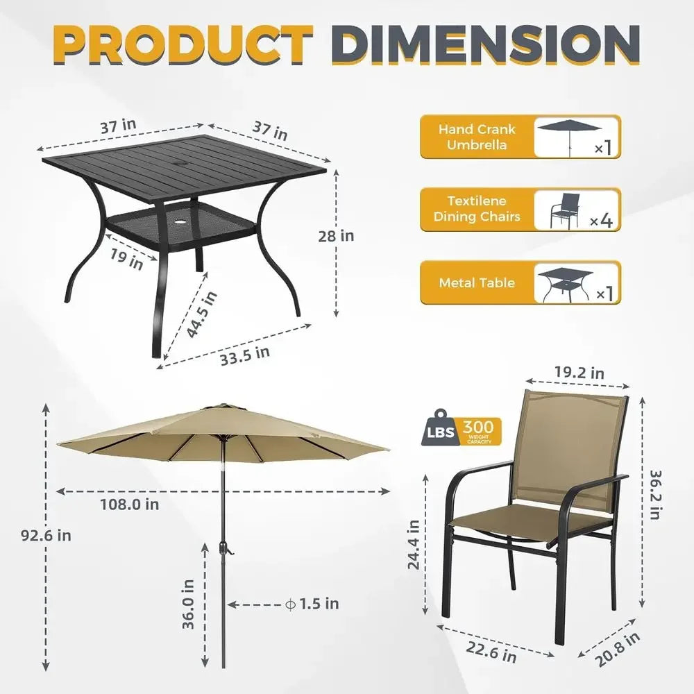6-Piece Outdoor Patio Furniture Set with Brown Umbrella, 4 Chairs and Square Table
