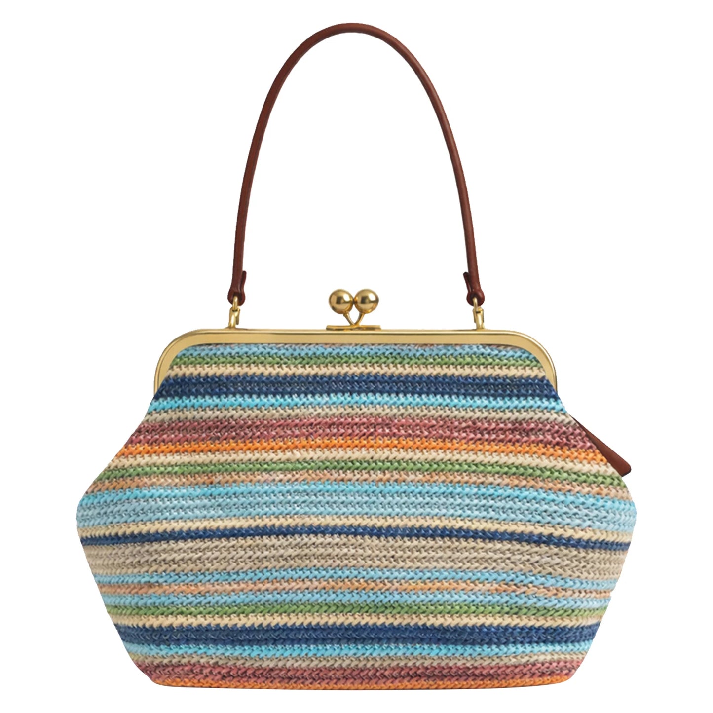 Women Straw Woven Bag Buckle Striped Tote For Summer Travel