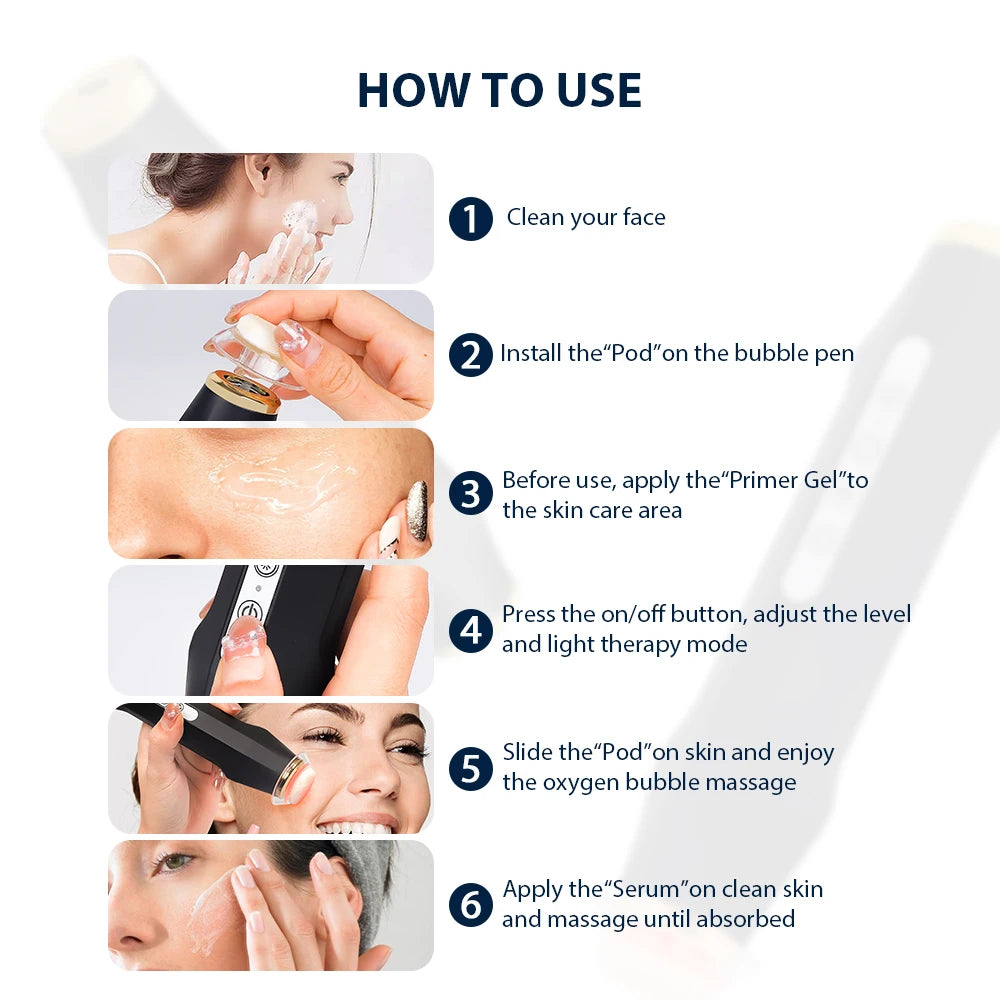 Portable CO2 Oxygen Bubble Facial Pen with 7 Color Photon Light  Aqua Skin Cleansing Beauty Machine Works With Serum Gel CO2 Pods for Home SPA Skin Care