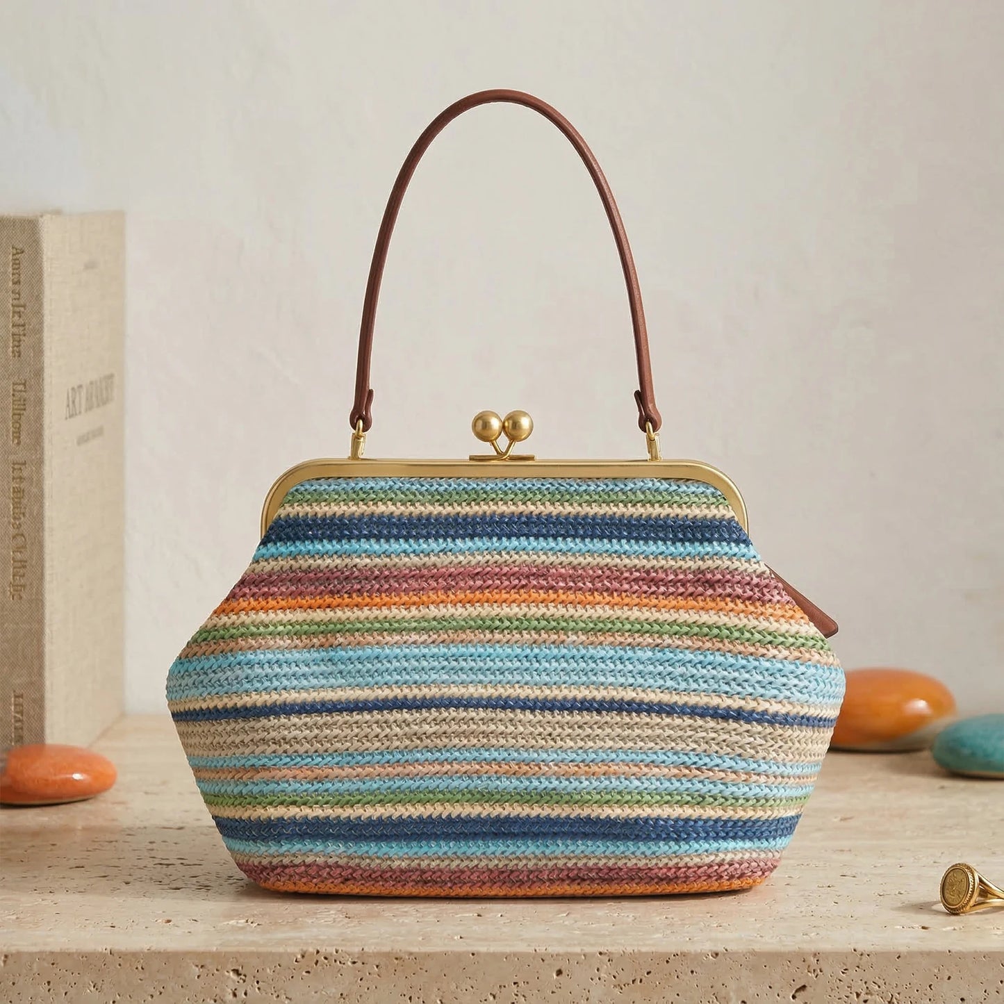 Women Straw Woven Bag Buckle Striped Tote For Summer Travel