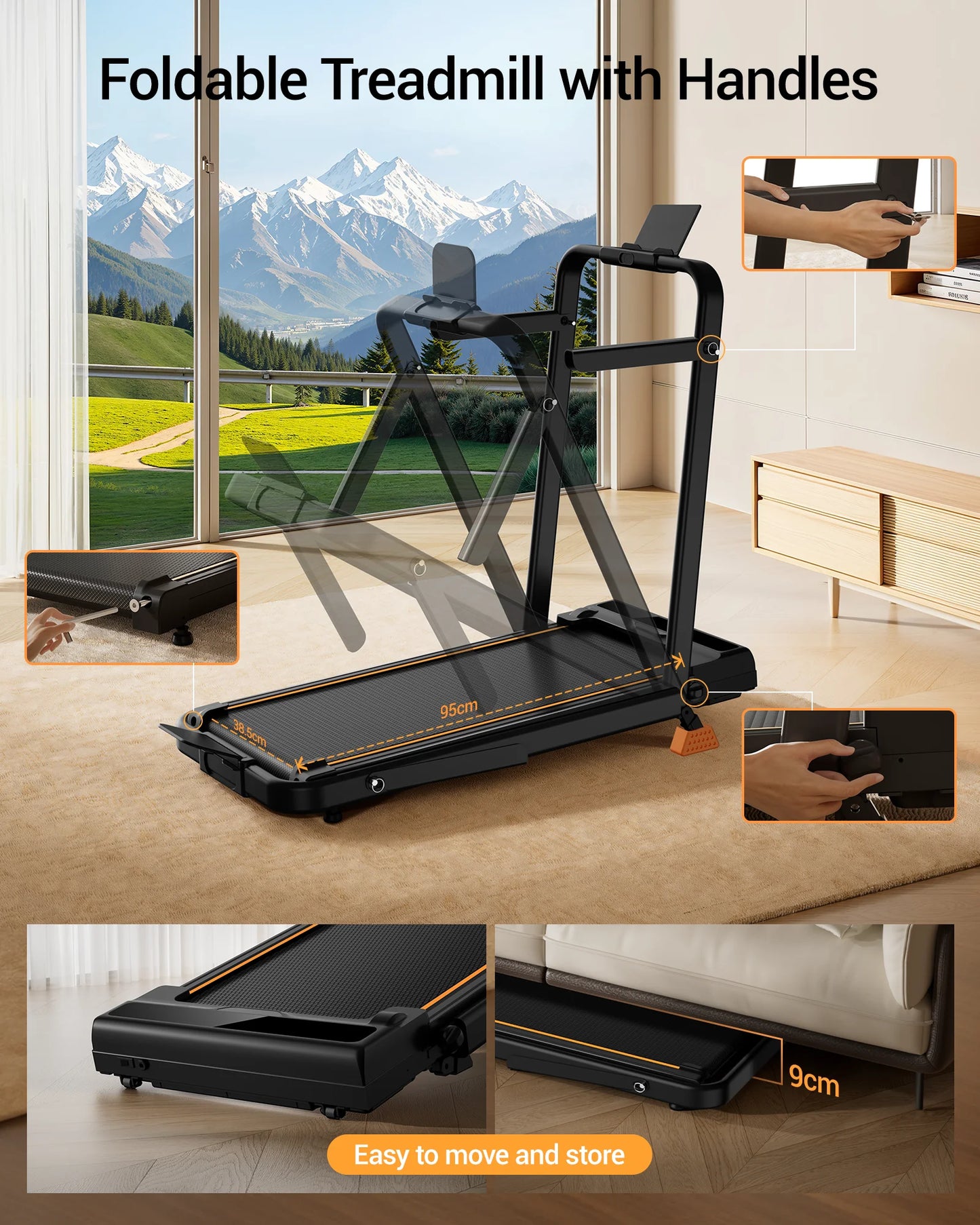 UMAY 2 In 1 Foldable Walking Running Treadmill Adjustable 15% Incline Silent Motor Max Load 136kg Home Fitness Machine