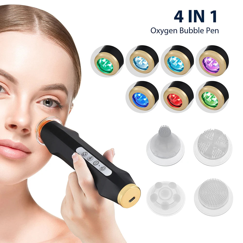 Portable CO2 Oxygen Bubble Facial Pen with 7 Color Photon Light  Aqua Skin Cleansing Beauty Machine Works With Serum Gel CO2 Pods for Home SPA Skin Care