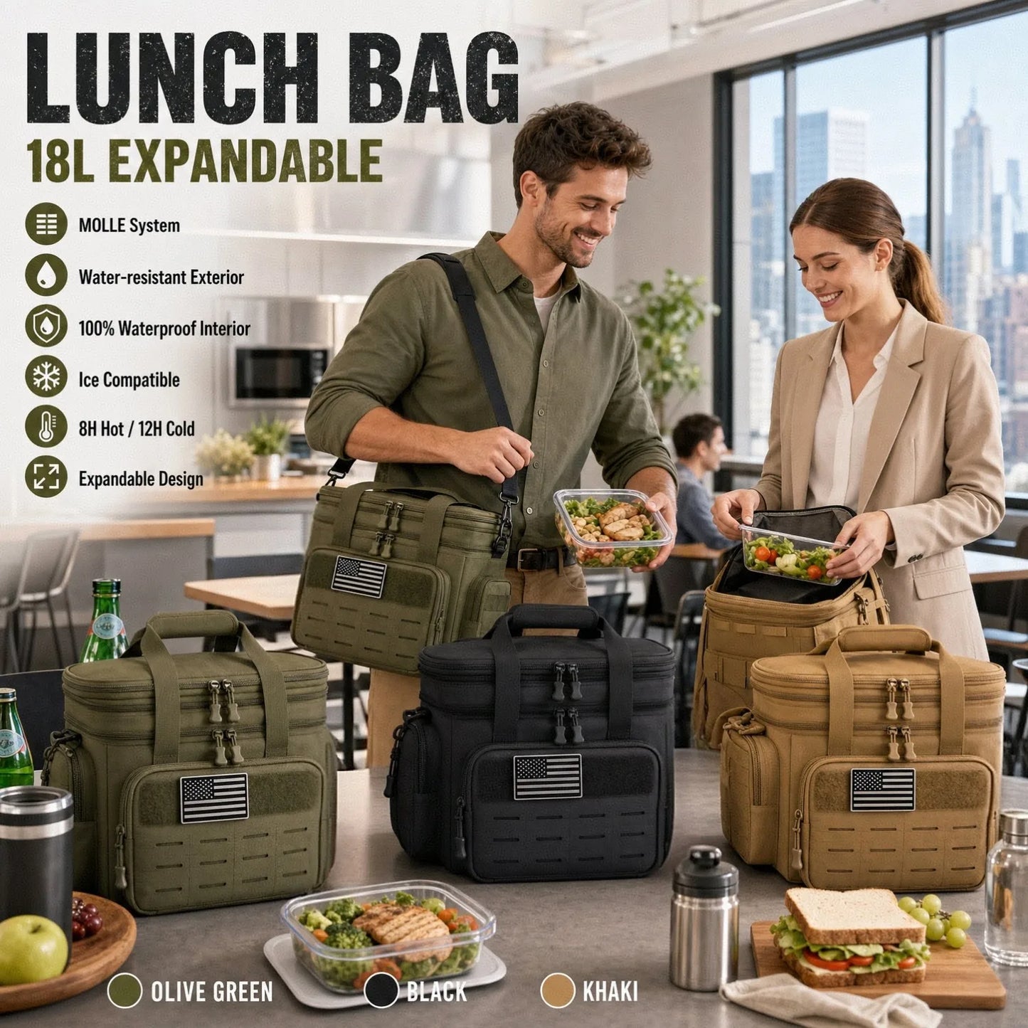 18L Insulated Lunch Bag Tactical Cooler Box for Men Women Expandable Leakproof Thermal Lunch Box Work Office Adults Reusable Large Capacity Meal Prep Bag Heavy Duty Camping Picnic Outdoor Travel School Commuter Construction W