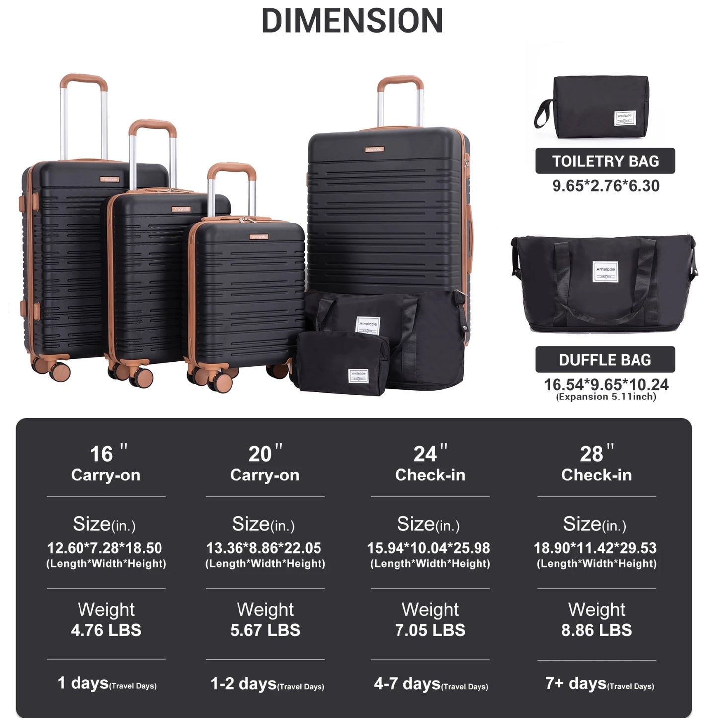 Luggage Sets 6 Piece, Suitcases with Double Spinner Wheels and TSA Lock, Hardcase 6 Set 16/20/24/28 Luggage with Travel Duffle Bag