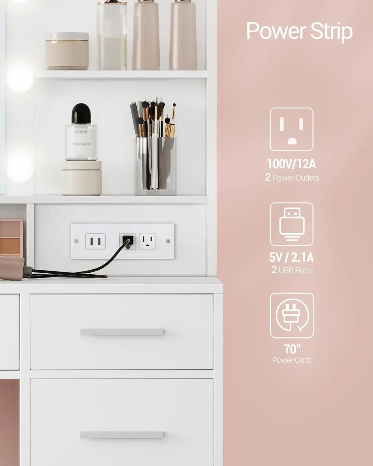 Vanity Desk With Large Mirror And LED Lights 5 Drawers