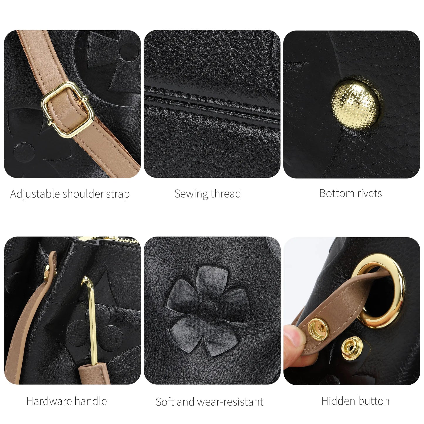 Top Handle Handbag Set Large Shoulder Bag Vegan Leather Ladies Bucket Hobo Tote with Floral Embroidery for Everyday Use