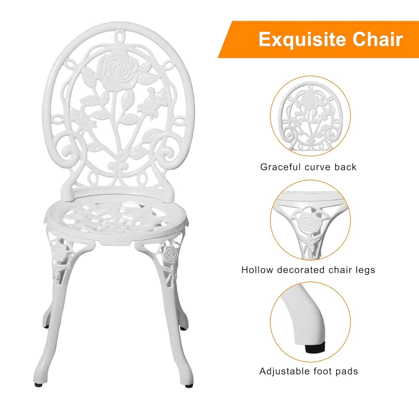3pc Cast Aluminum Bistro Set, Rose Pattern Outdoor Garden Balcony, Rust & All-Weather Resistant, White, Customized