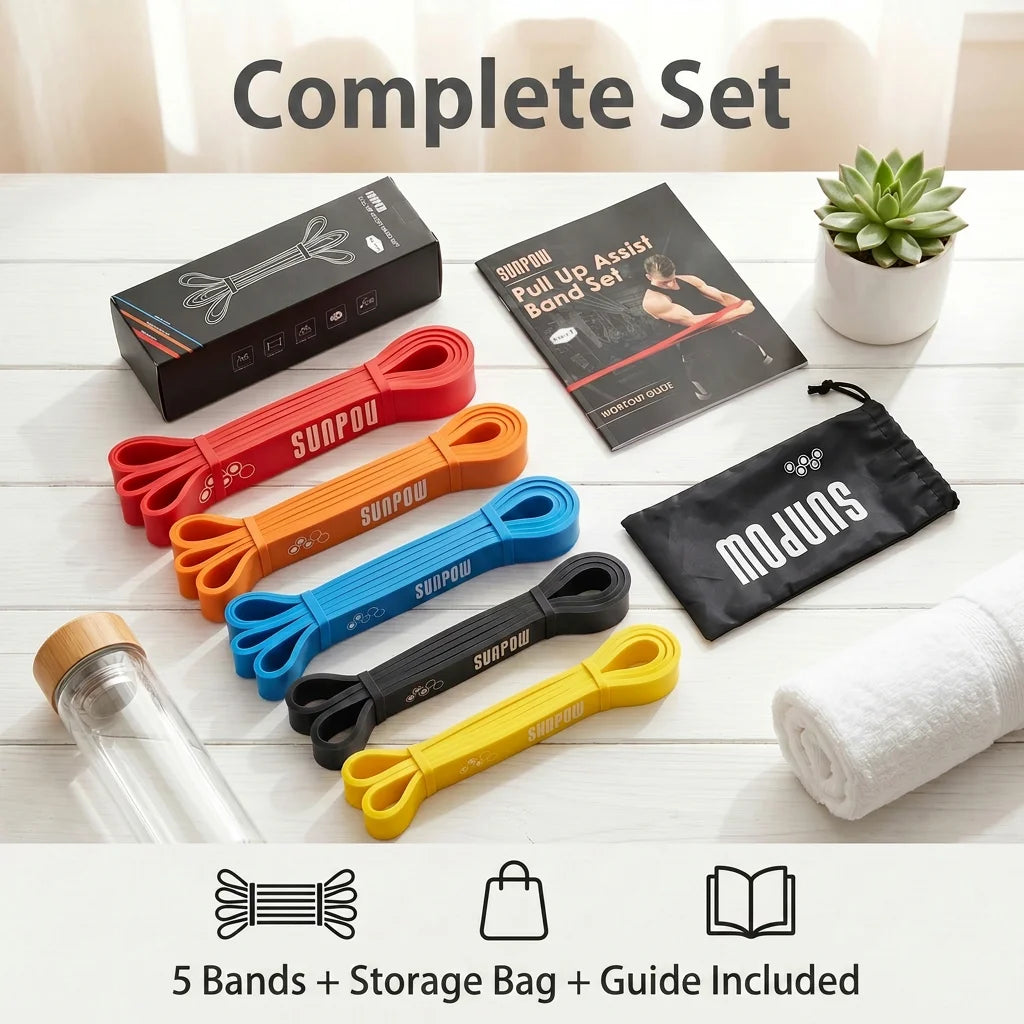 SUNPOW Pull Up Assistance Bands, Set of 5 Heavy Duty Resistance Bands for Men & Women, Natural Latex Exercise Bands for Pull-Up Progression, Home Workout, Strength Training, Mobility & Stretching