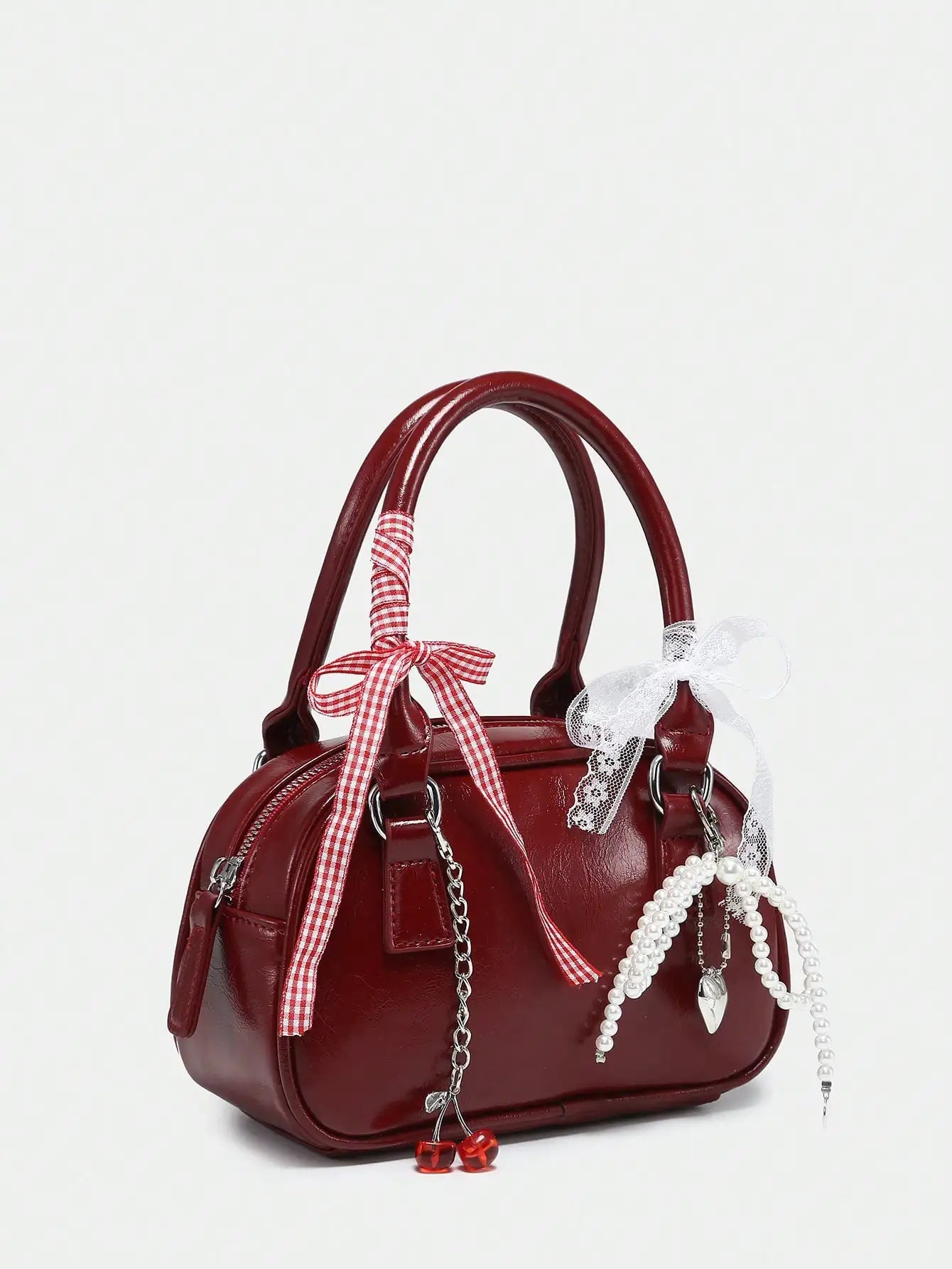 Women's Cute Ballet Style Cherry Faux Pearl & Bow Decor Mini Handbag, Fashionable Burgundy Bag, Fashionable Bow Purse For Women , Kawaii
