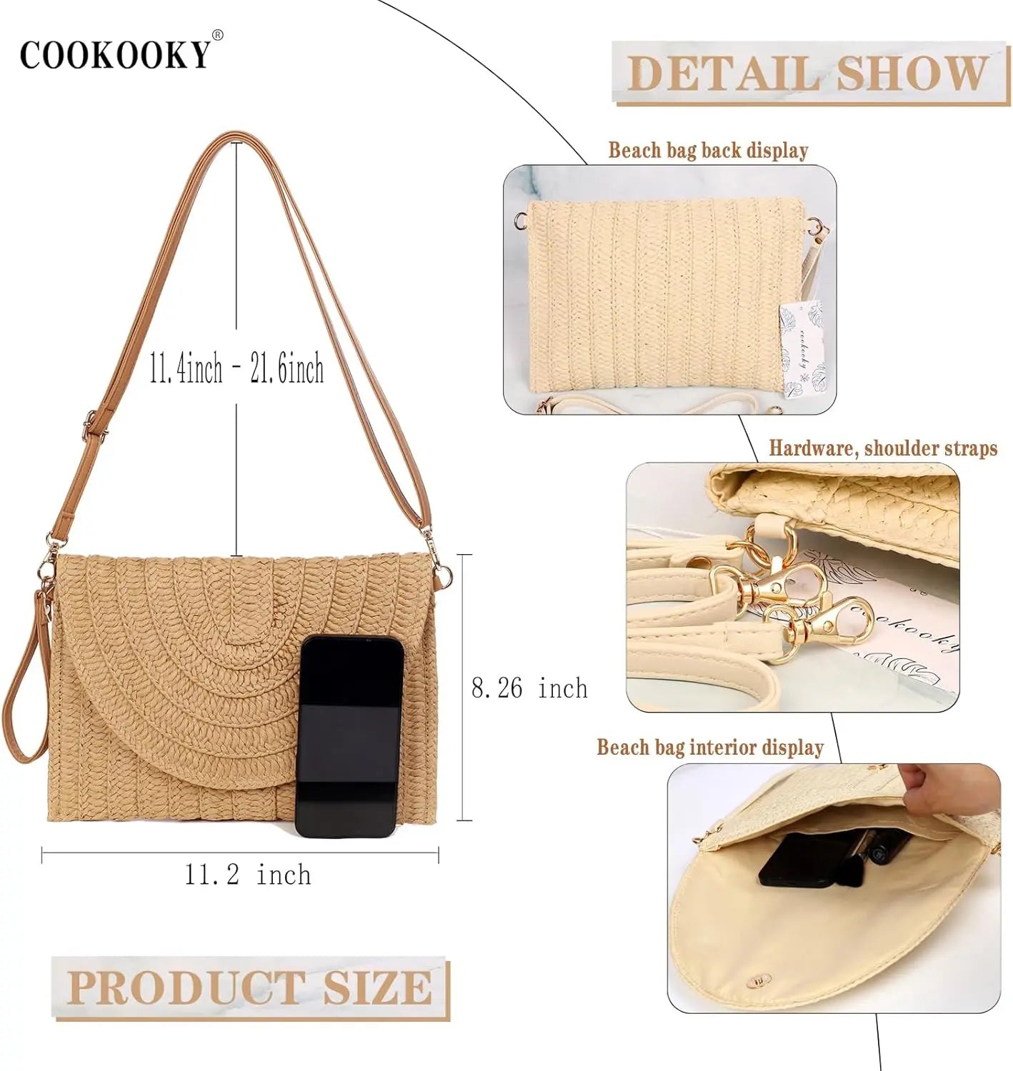 Straw Clutch Handbag for Women Summer Beach Woven Envelope Purse Lightweight Natural Fiber Accessory