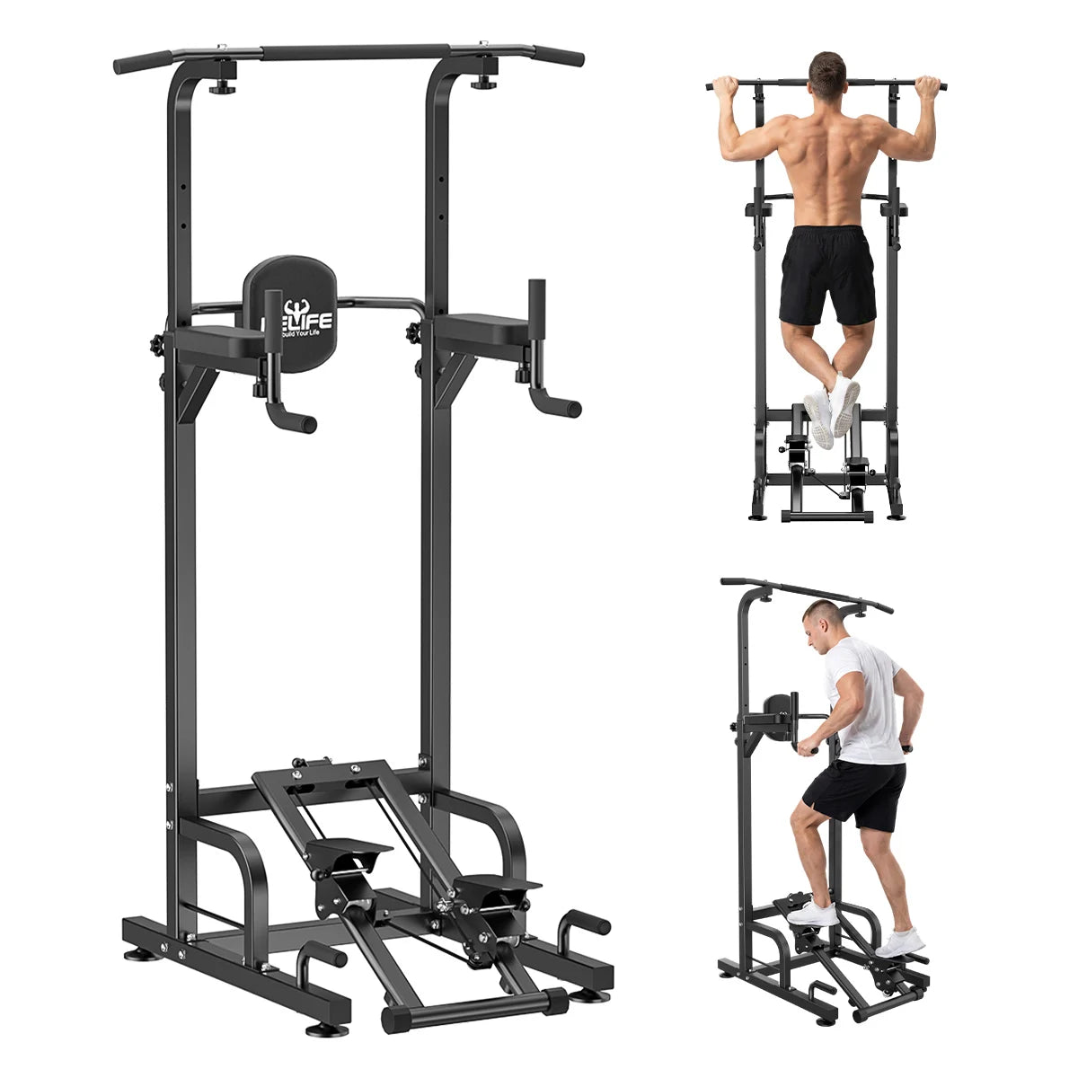 RELIFE Multifunctional Power Tower Pull Up Dip Station Free Standing Pull Up Bar with Stepper Machine, Adjustable Height Workout Rack 450LBS Load Home Gym Full Body Strength Training Fitness Equipment for Pull Ups Chin Ups Di