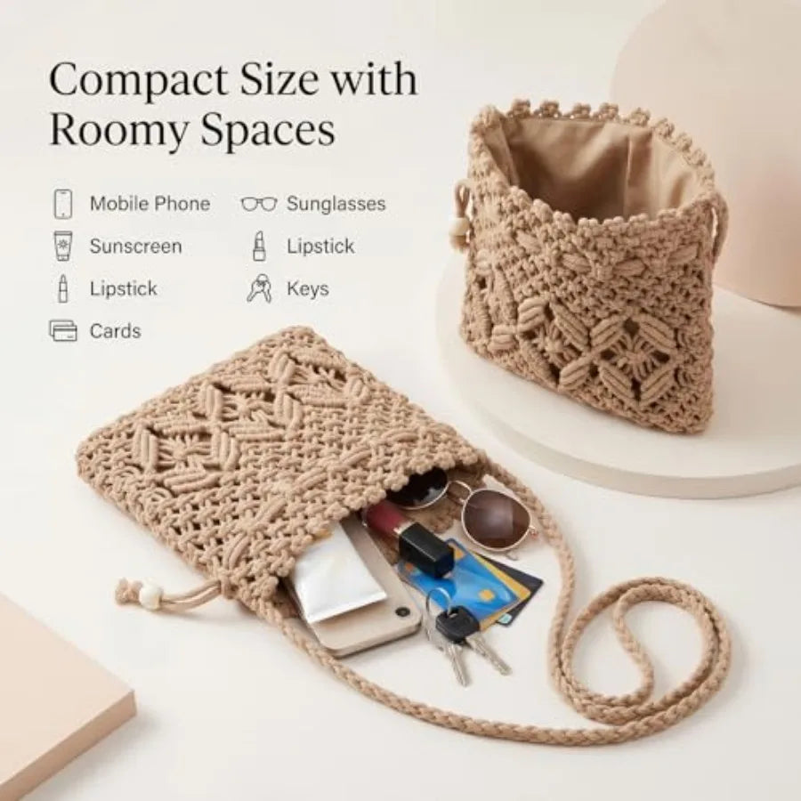 Crochet Boho Woven Crossbody Bag, Women Shoulder Purse For Summer Beach Vacation Travel, Drawstring Handbag