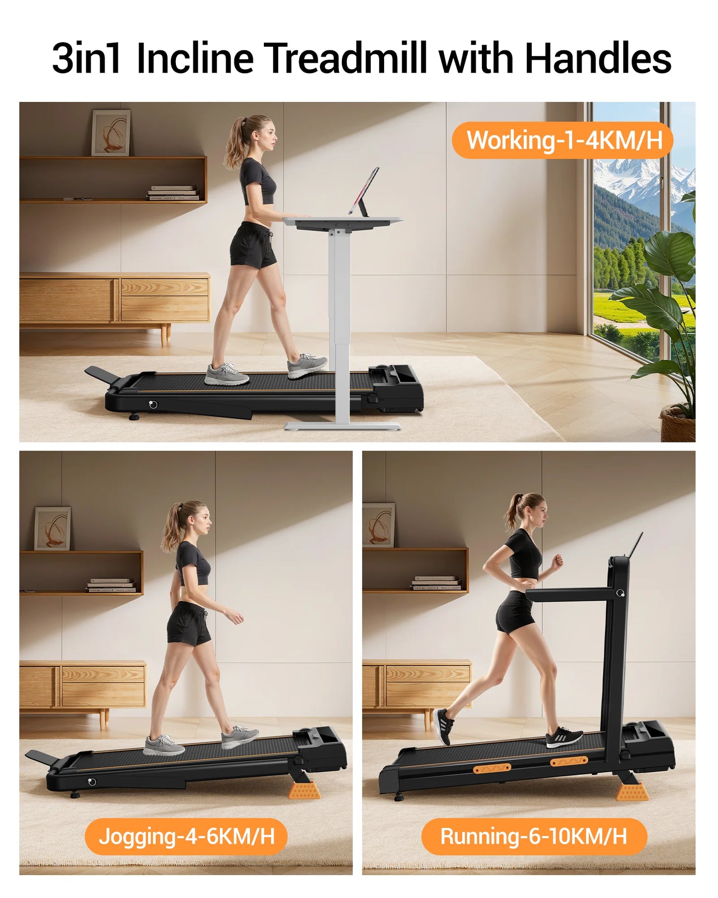UMAY 2 In 1 Foldable Walking Running Treadmill Adjustable 15% Incline Silent Motor Max Load 136kg Home Fitness Machine