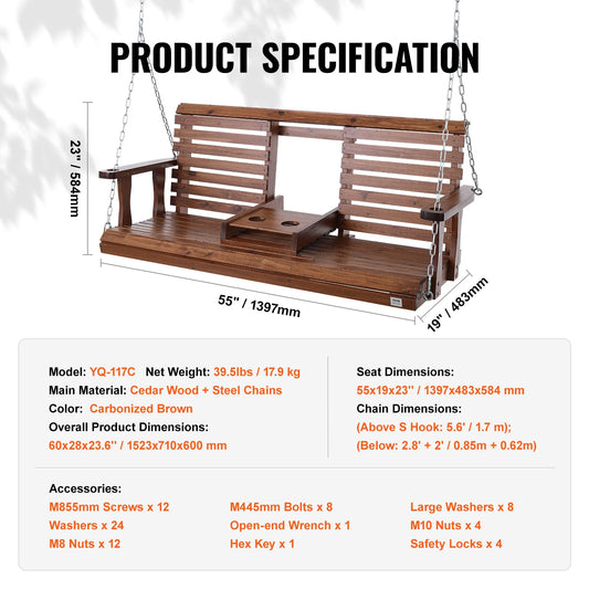 SucceBuy Cedar Wood Outdoor Porch Swing With Durable Steel Chains