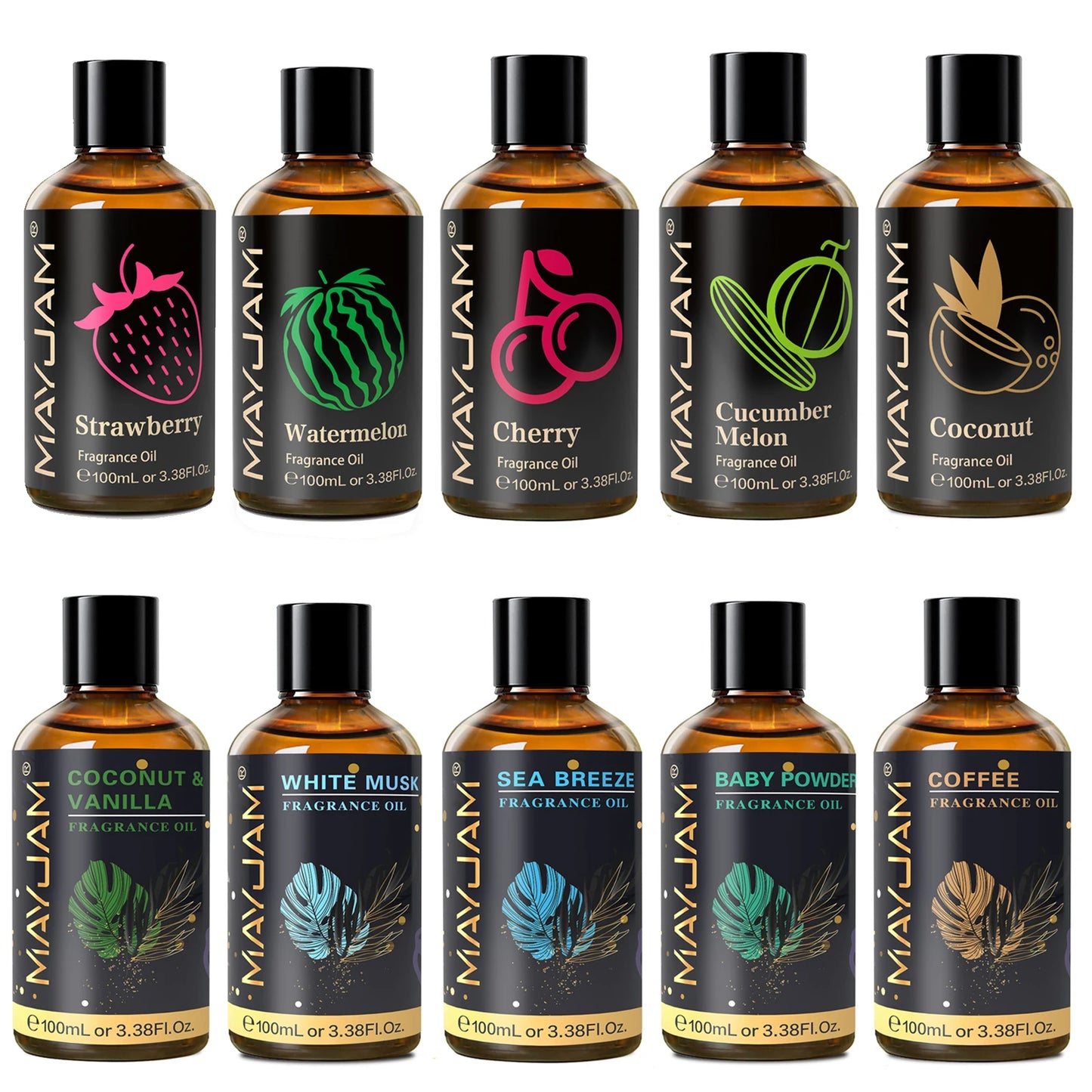 MAYJAM 100ml Fragrance Oil Coconut & Vanilla White Musk Sea Breeze Baby Powder Dragons Blood Sweet Tobacco Freesia for Aromatherapy Diffuser Humidifier Burner, Strawberry Watermelon Cherry Coconut Cranberry Fruit Essential Oi