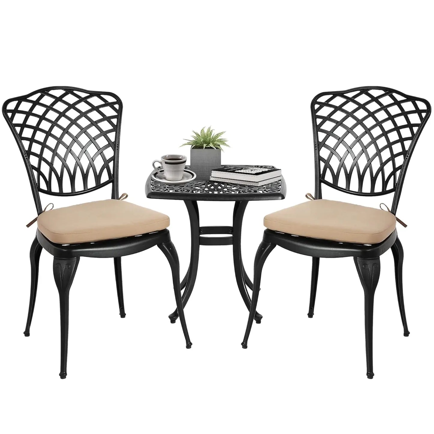 3pc Cast Aluminum Bistro Set, Rose Pattern Outdoor Garden Balcony, Rust & All-Weather Resistant, White, Customized