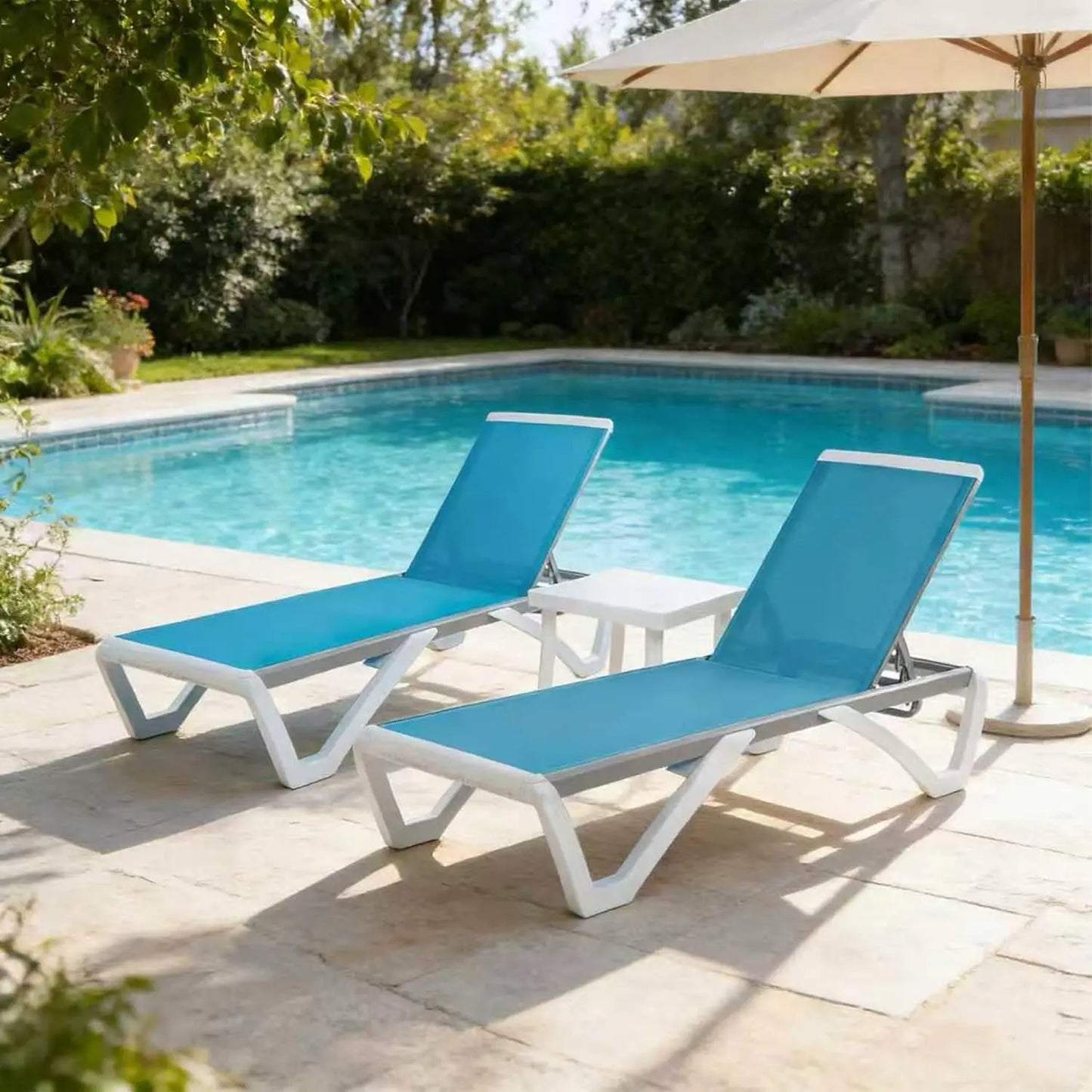 Adjustable Aluminum Outdoor Chaise Lounge Chair Textilene Recliner for Poolside Backyard Beach 2 Chairs Table Set, Custom