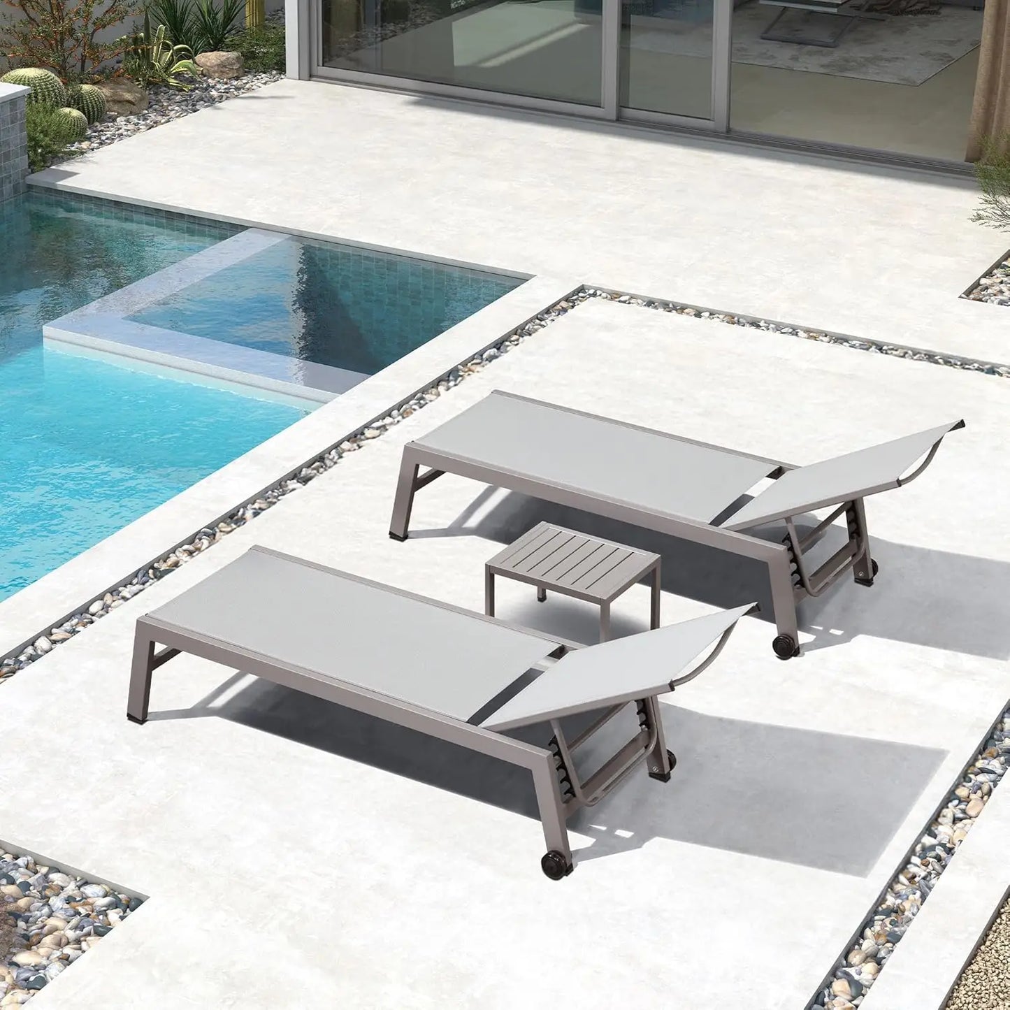 Aluminum Adjustable Reclining Outdoor Lounge Chair Set 2 PCS with Wheels Table Patio Poolside Beach Yard, Light Grey, Custom