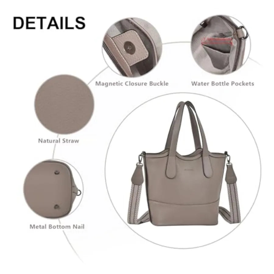 Tote Bag for Women, StrawandVegan Leather Bucket Bags Crossbody Top Handle Purses And Handbags For Work Travel Beach