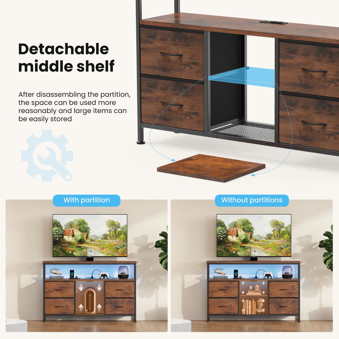 JHK TV Stand With Four Drawers LED Lights And Outlets