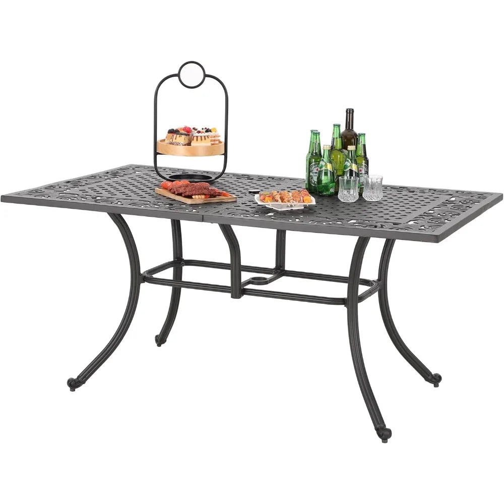 Rectangular Cast Aluminum Outdoor Dining Table For Six With Umbrella Hole