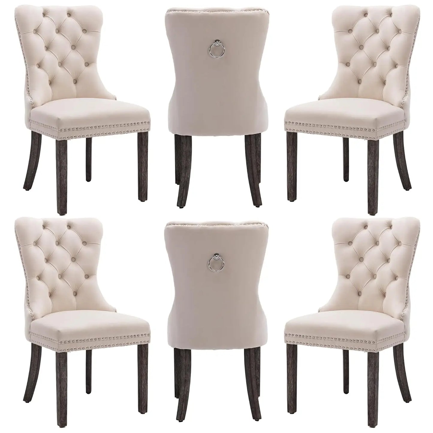 PU Leather Dining Chairs Set of 6 With Solid Wood Legs and Pull Ring