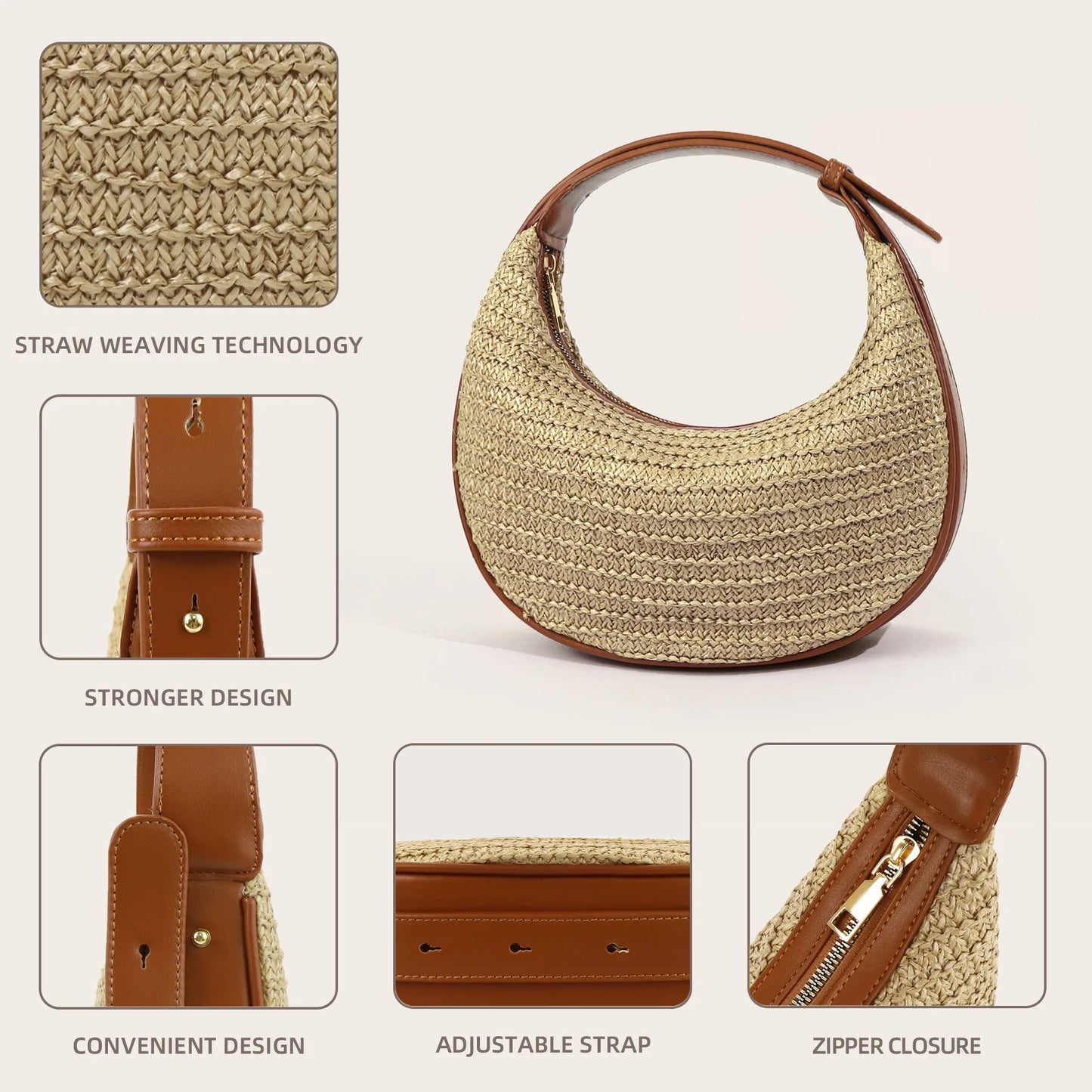 Causal Straw Woven Top-Handle Bags For Women Summer Holiday Beach Wrapped Handbags Ladies Handheld Crossbody Bags Totes Hobos Half Moon Bags
