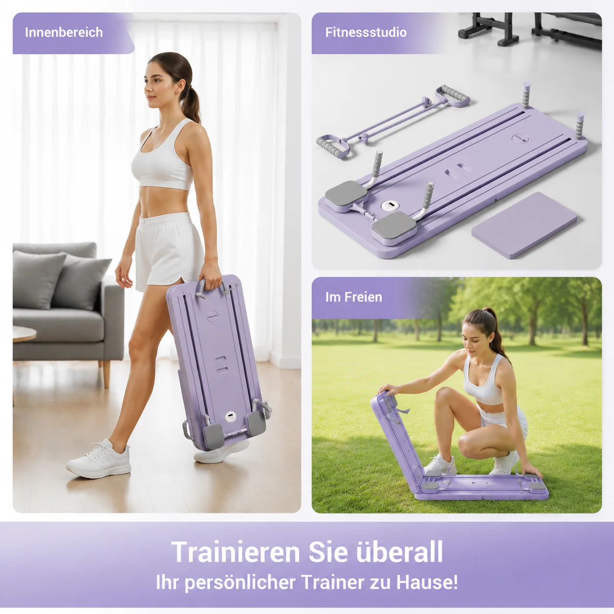 UMAY Multifunctional Pilates Board with Count Timer Foldable Abdominal Trainer with Yoga Mat Resistance Tubes Portable Full Body Workout Plate for Core Glute Back Exercise