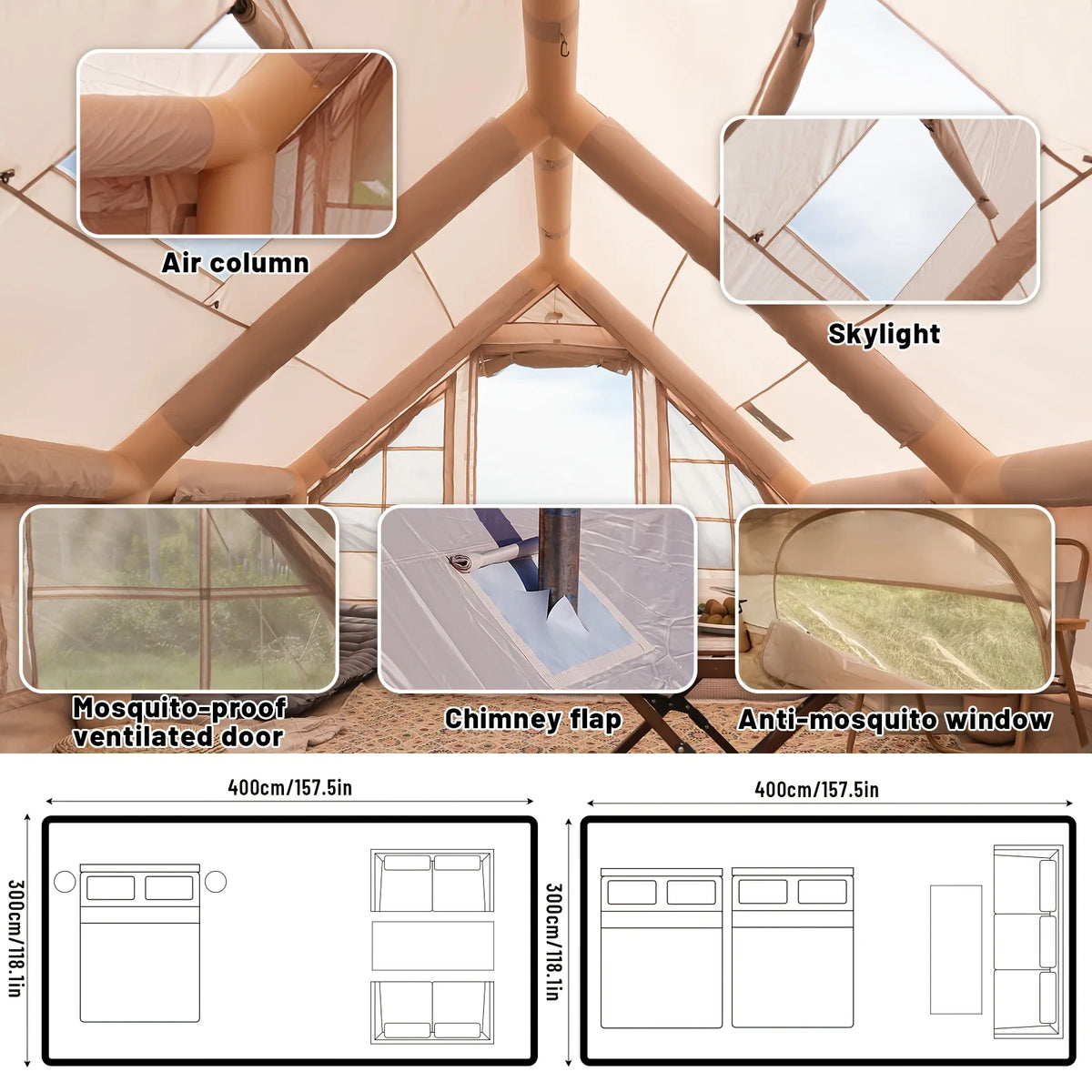 Inflatable Camping Tent With Skylight And Breathable Mesh For Glamping
