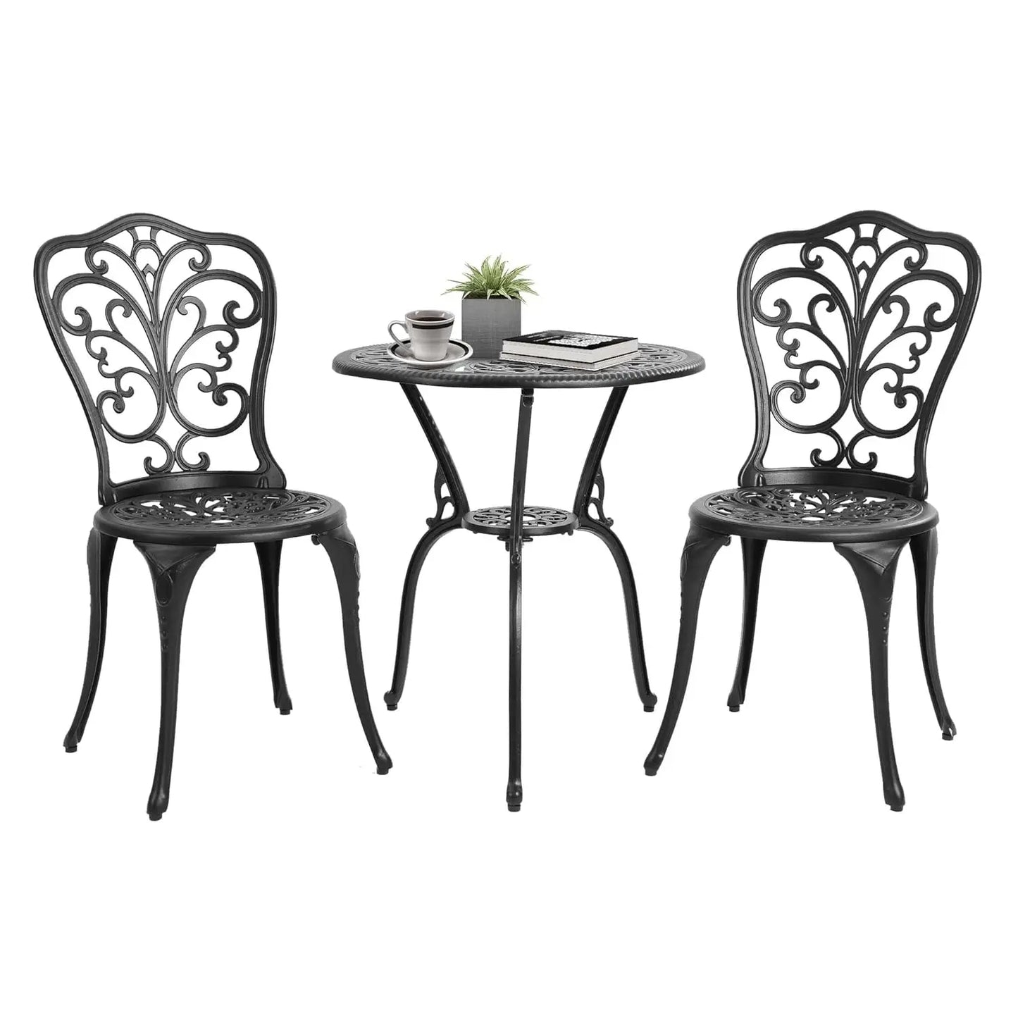 3pc Cast Aluminum Bistro Set, Rose Pattern Outdoor Garden Balcony, Rust & All-Weather Resistant, White, Customized