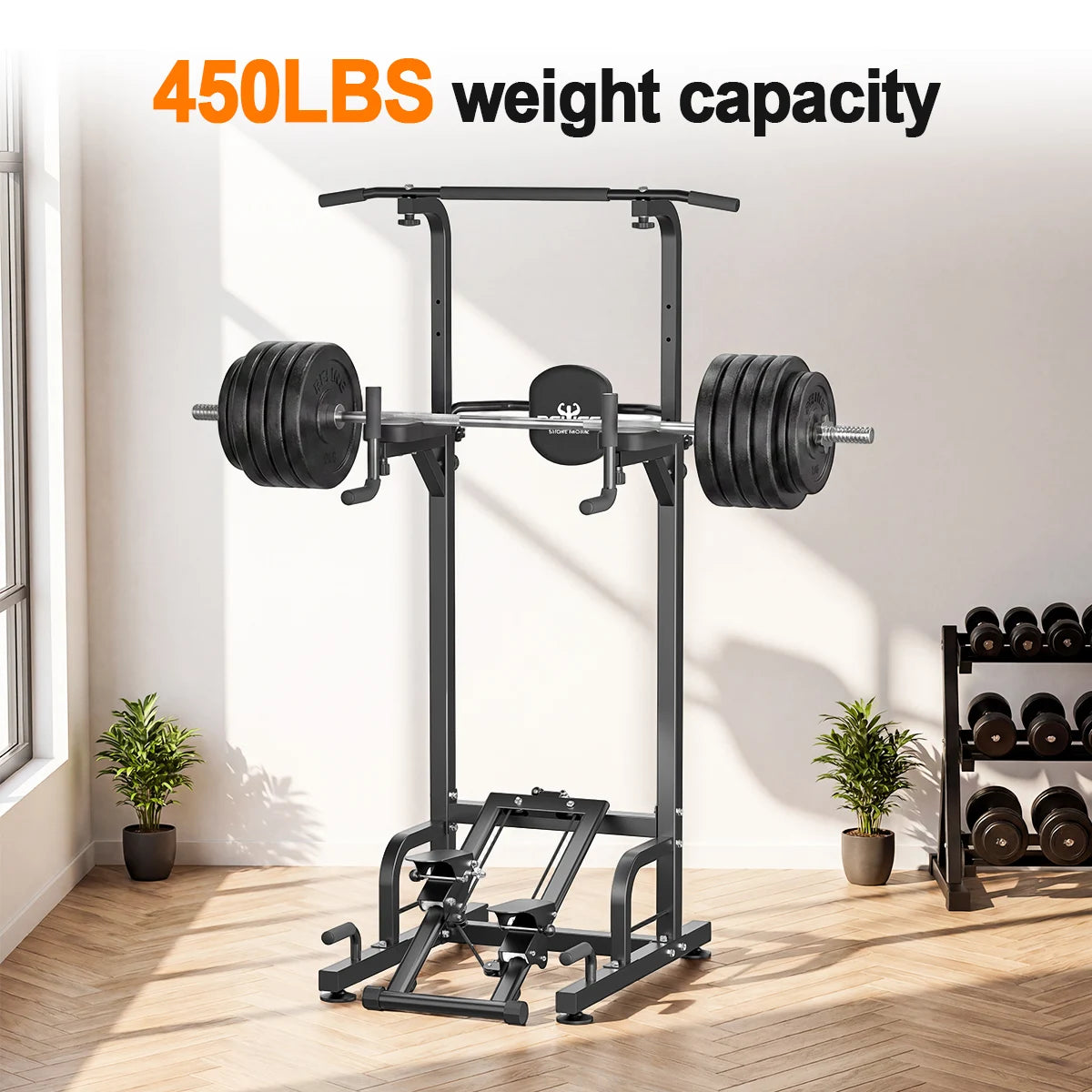 RELIFE Multifunctional Power Tower Pull Up Dip Station Free Standing Pull Up Bar with Stepper Machine, Adjustable Height Workout Rack 450LBS Load Home Gym Full Body Strength Training Fitness Equipment for Pull Ups Chin Ups Di