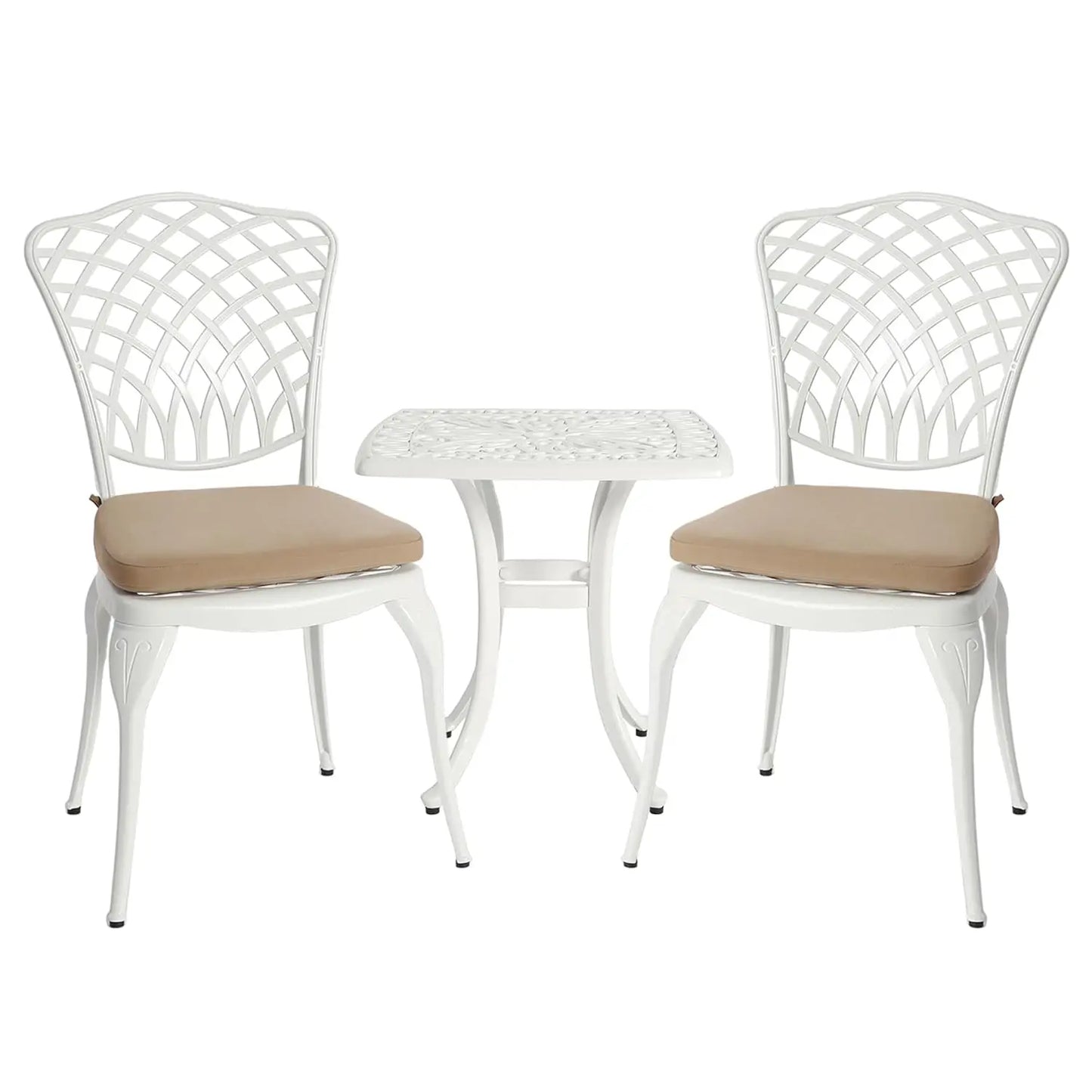 3pc Cast Aluminum Bistro Set, Rose Pattern Outdoor Garden Balcony, Rust & All-Weather Resistant, White, Customized