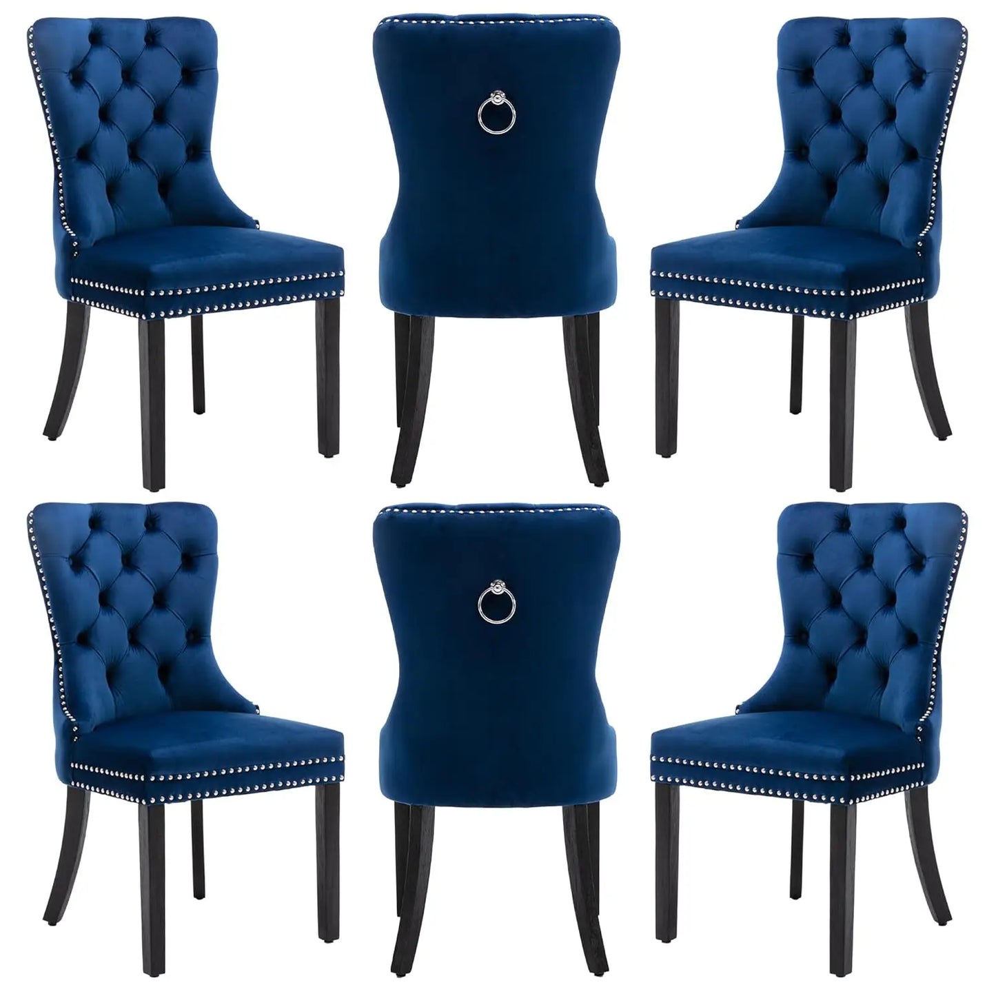 PU Leather Dining Chairs Set of 6 With Solid Wood Legs and Pull Ring