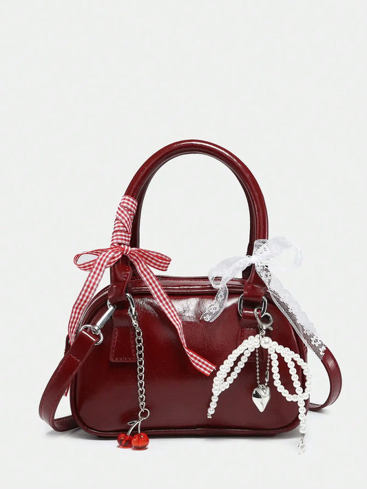 Women's Cute Ballet Style Cherry Faux Pearl & Bow Decor Mini Handbag, Fashionable Burgundy Bag, Fashionable Bow Purse For Women , Kawaii