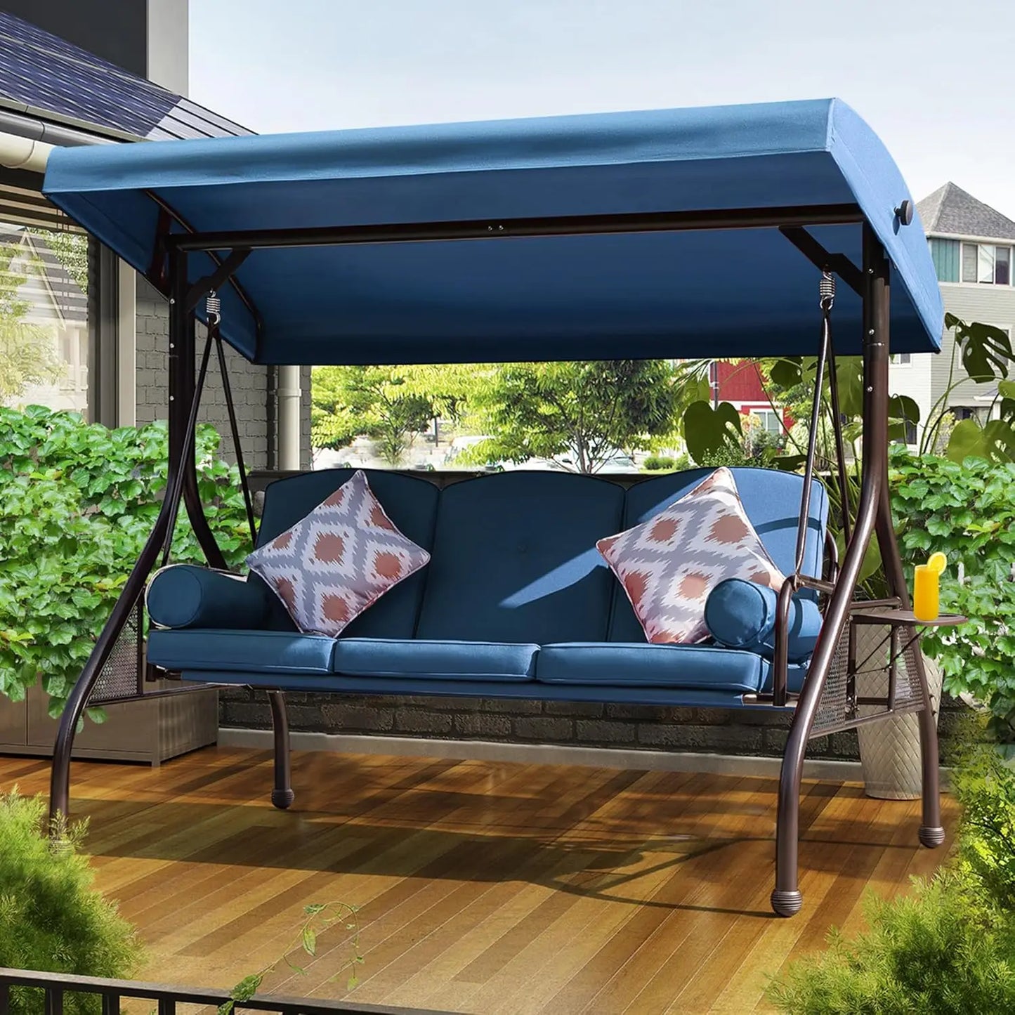 General Three Seat Patio Swing With Adjustable Canopy Waterproof Cushions