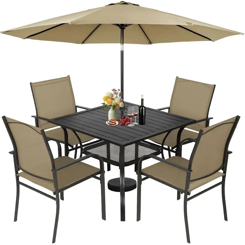 6-Piece Outdoor Patio Furniture Set with Brown Umbrella, 4 Chairs and Square Table