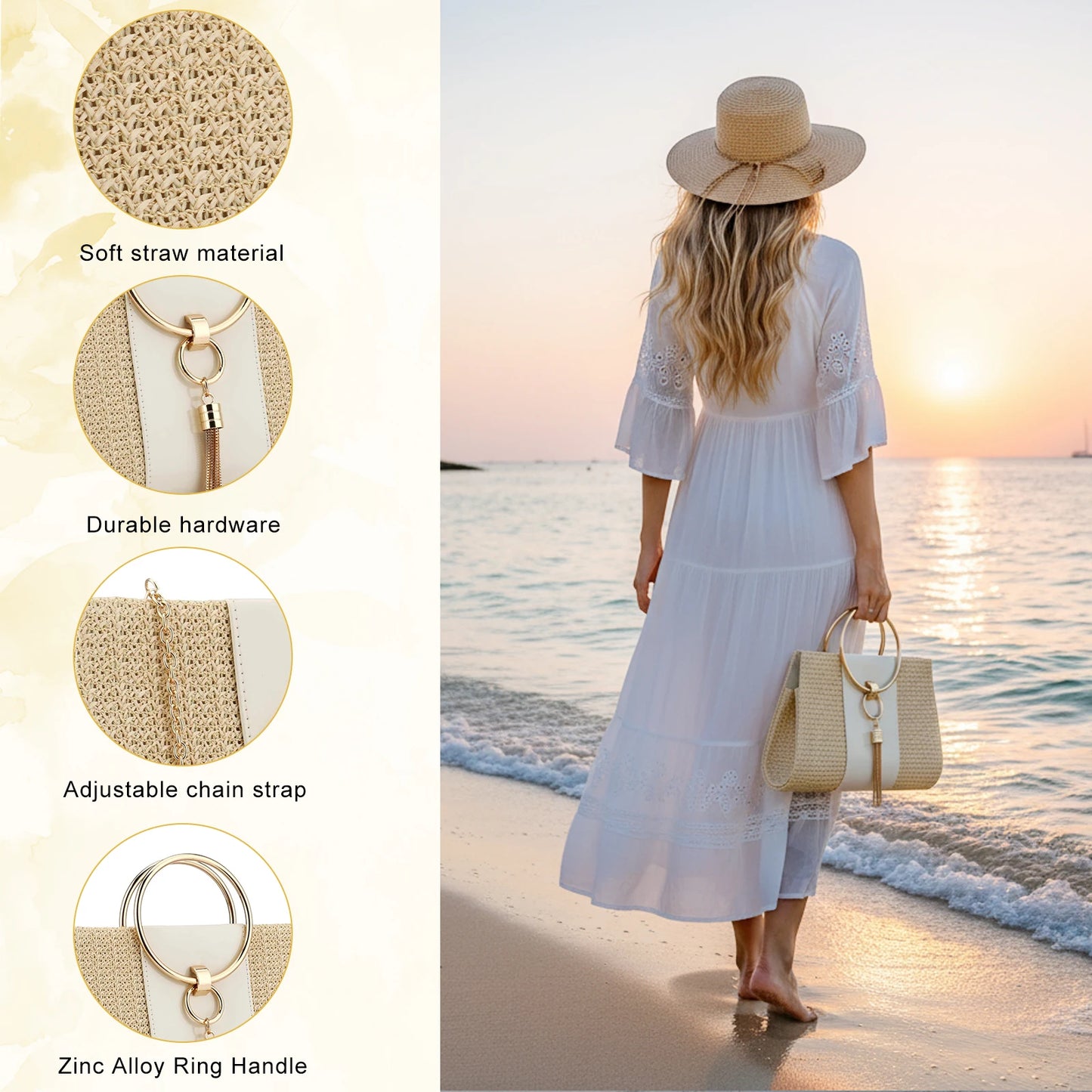 Bohemian Resort Woven Large Capacity Clutch Bags, Elegant Ladies Fashion Square Straw Evening Bag Totes Casual Handbag Purse