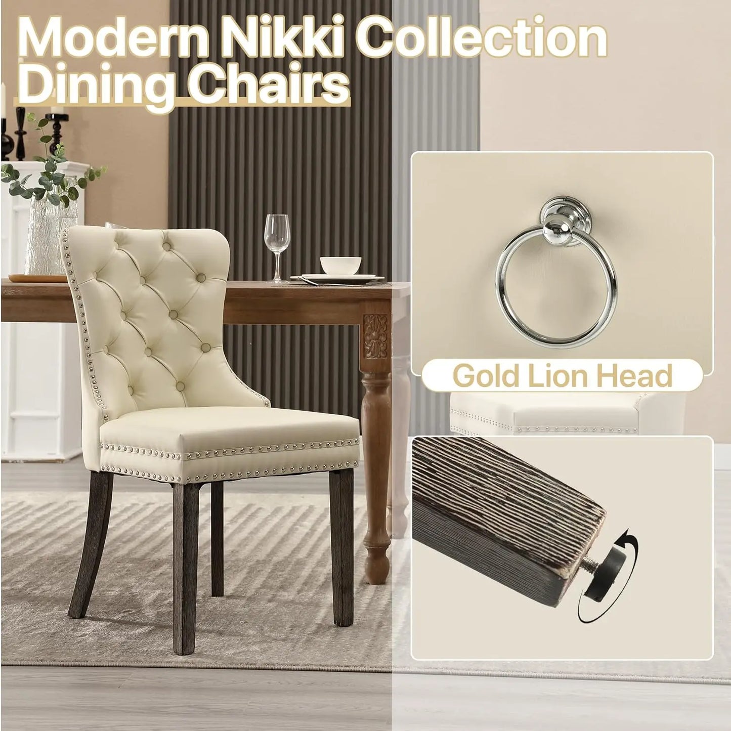 PU Leather Dining Chairs Set of 6 With Solid Wood Legs and Pull Ring