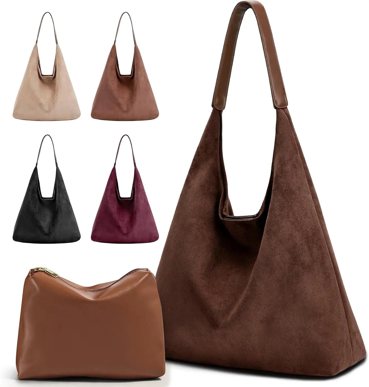 Faux Suede Tote Bag For Women With Zippered Cosmetic Organizer