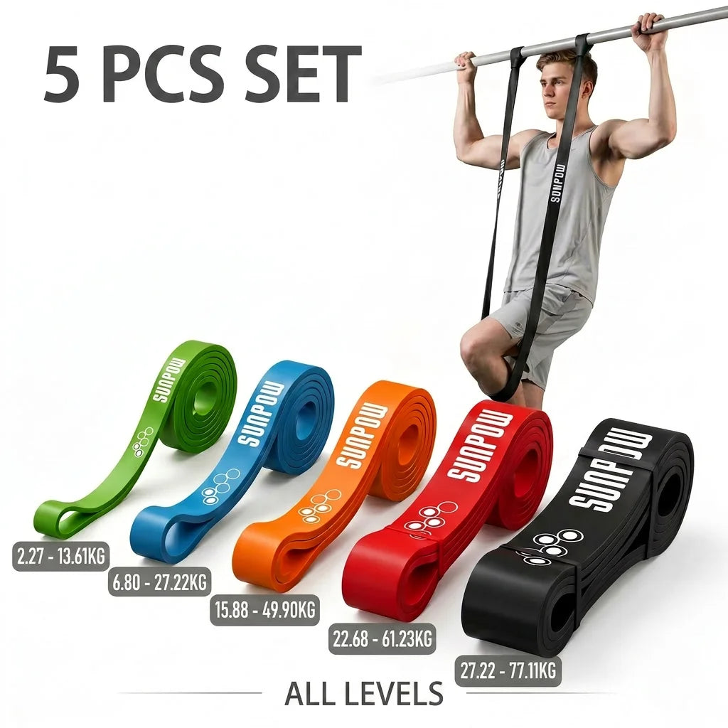 SUNPOW Pull Up Assistance Bands, Set of 5 Heavy Duty Resistance Bands for Men & Women, Natural Latex Exercise Bands for Pull-Up Progression, Home Workout, Strength Training, Mobility & Stretching