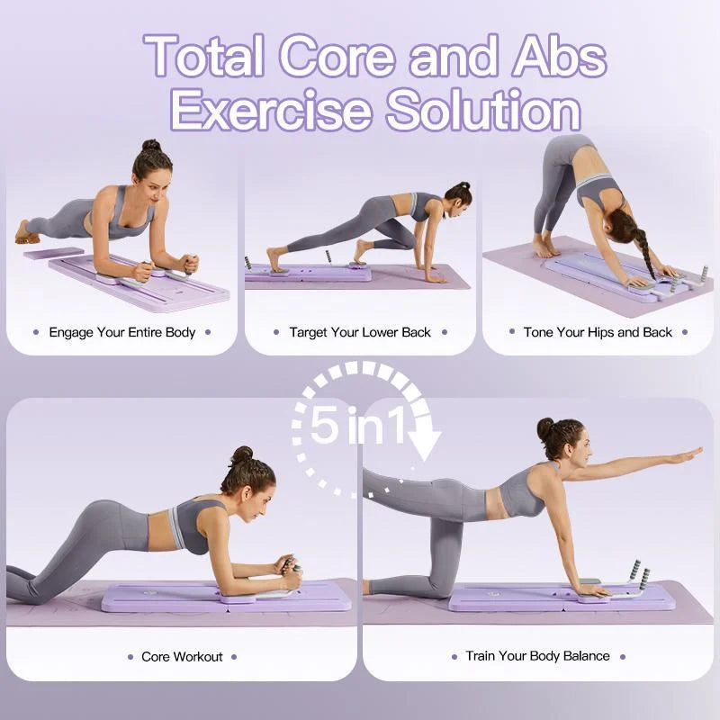 UMAY Multifunctional Pilates Board with Count Timer Foldable Abdominal Trainer with Yoga Mat Resistance Tubes Portable Full Body Workout Plate for Core Glute Back Exercise