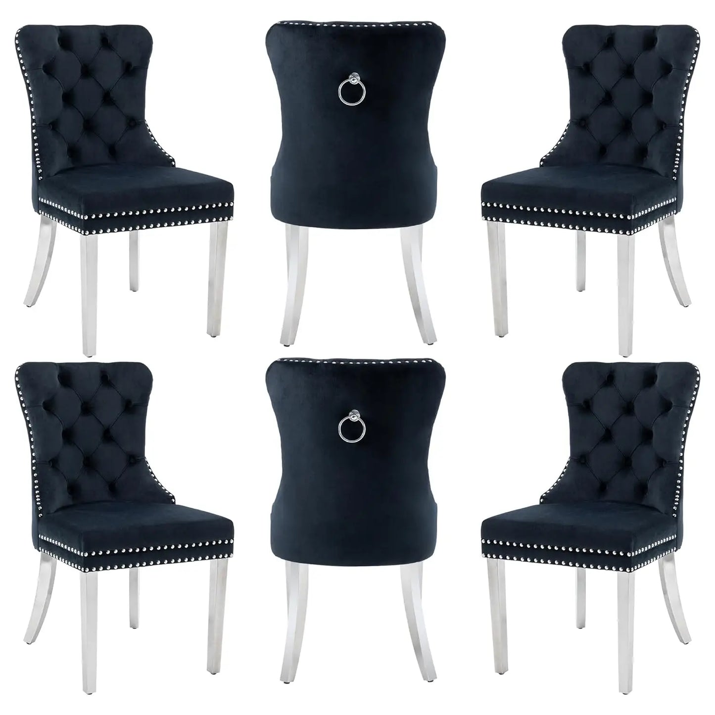PU Leather Dining Chairs Set of 6 With Solid Wood Legs and Pull Ring