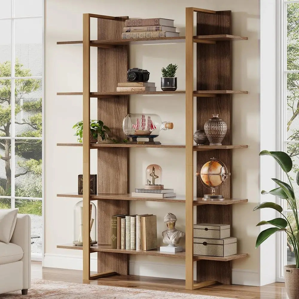 Five Tier Modern Boho Bookcase With Metal Frame Living Room