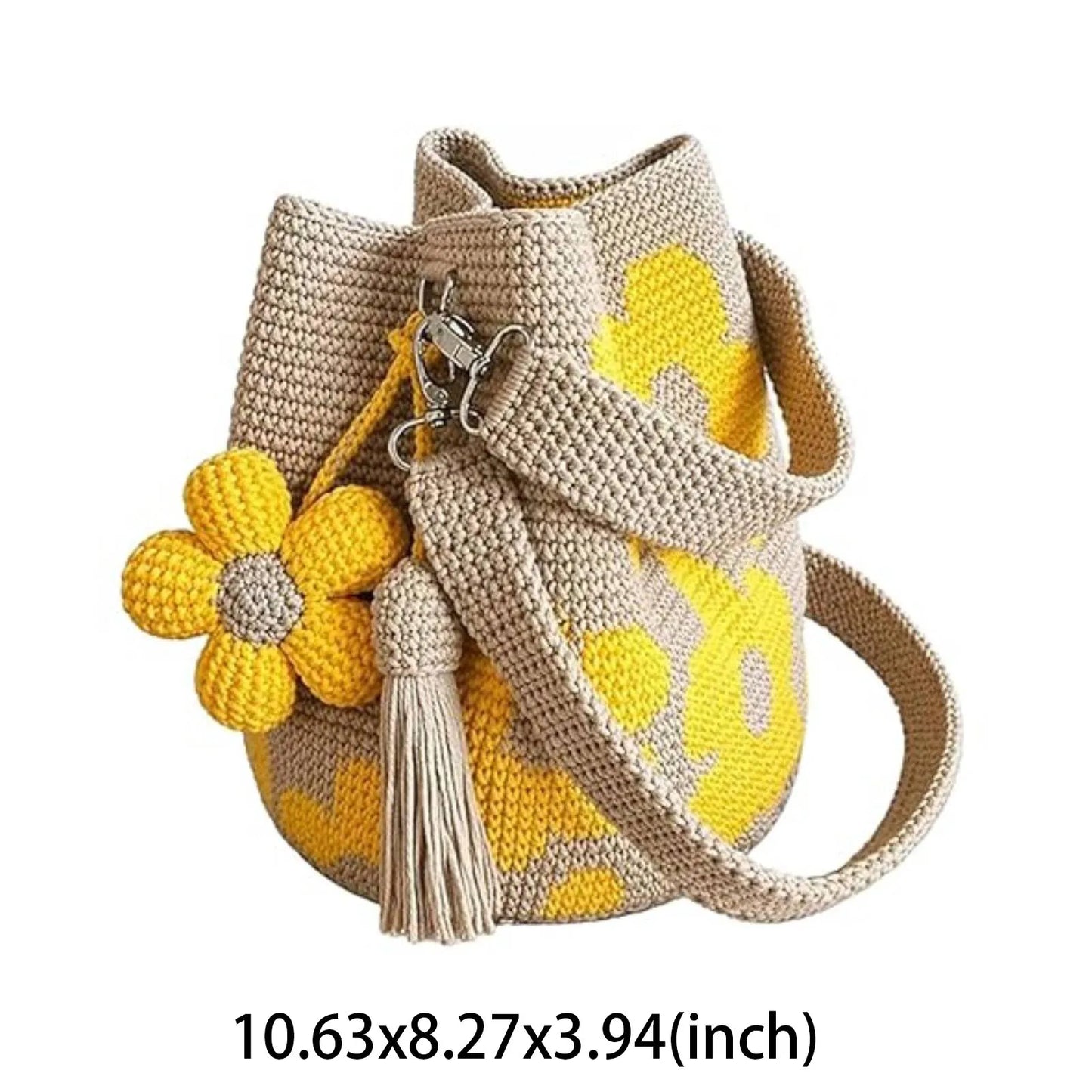 Knit Floral Purse Bag Lightweight Boho Beach Handbag with Flower Tassel Needlepoint Barrel Drawstring Purse for Women Vacation